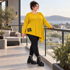 Feinstrickshirt in Gelb mit asymmetrischem Zipfelsaum Langarm und Rundhalsausschnitt