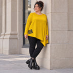 Feinstrickshirt in Gelb mit asymmetrischem Zipfelsaum Langarm und Rundhalsausschnitt