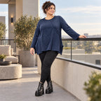 Langarmshirt aus flauschigem Feinstrick in Blau/Weiß gemustert mit fließender A-Linie