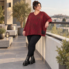 Flauschiger Feinstrickpullover in Rot/Braun mit V-Ausschnitt und kastigem Schnitt