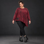 Feinstrickshirt in Rot/Schwarz mit asymmetrischem Zipfelsaum aus weichem Flauschgarn