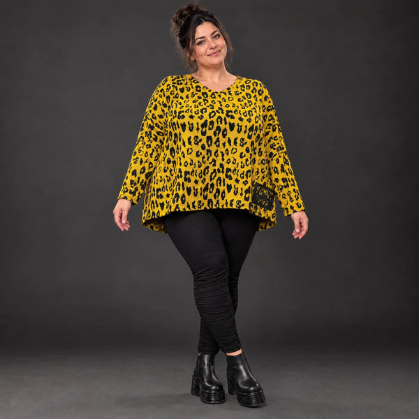 Flauschiger Feinstrickpullover in Gelb/Schwarz mit V-Ausschnitt und kastiger Passform