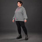 Gestreifter Hoody in Schwarz/Weiß/Pink aus weichem Stretchjersey mit Kapuze ungefüttert