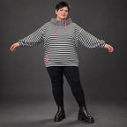 Gestreifter Hoody in Schwarz/Weiß/Pink aus weichem Stretchjersey mit Kapuze ungefüttert