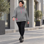Gestreifter Hoody in Schwarz/Weiß/Pink aus weichem Stretchjersey mit Kapuze ungefüttert