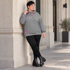 Gestreifter Hoody in Schwarz/Weiß/Pink aus weichem Stretchjersey mit Kapuze ungefüttert