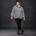 Gestreifter Hoodie in Schwarz/Weiß/Pink aus Stretchjersey mit Kapuze und gerafften Ärmeln