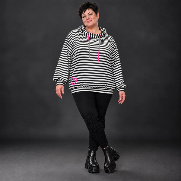 Gestreifter Hoodie in Schwarz/Weiß/Pink aus Stretchjersey mit Kapuze und gerafften Ärmeln