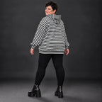 Gestreifter Hoodie in Schwarz/Weiß/Pink aus Stretchjersey mit Kapuze und gerafften Ärmeln