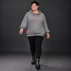 Gestreifter Hoodie in Schwarz/Weiß/Pink aus Stretchjersey mit Kapuze und gerafften Ärmeln