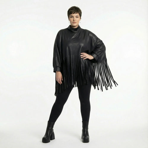 Kastiges Oversize Shirt aus Lederimitat mit Fransen Winter Look AKH Premium Modeare