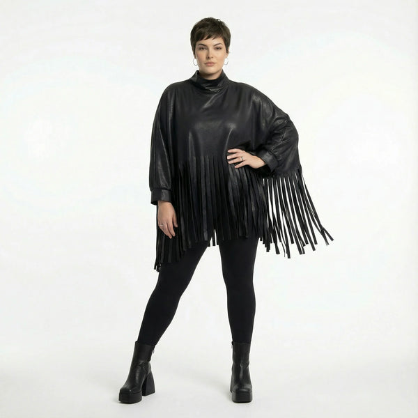 Kastiges Oversize Shirt aus Lederimitat mit Fransen Winter Look AKH Premium Modeare