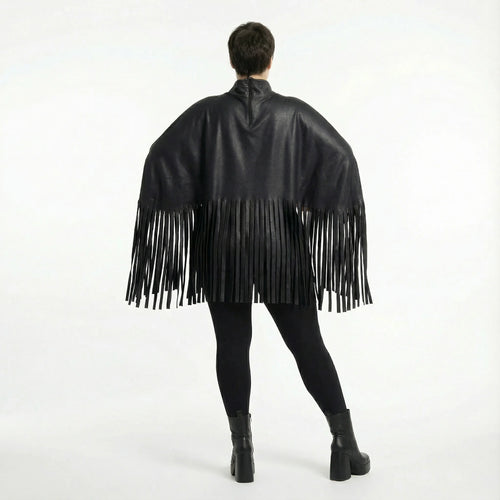 Kastiges Oversize Shirt aus Lederimitat mit Fransen Winter Look AKH Premium Modeare