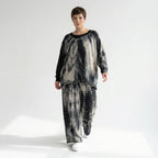 Schwarzbeiges Batik Zweiteilerset aus French Terry mit Oversize Shirt und weiter Hose