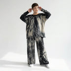 Schwarzbeiges Batik Zweiteilerset aus French Terry mit Oversize Shirt und weiter Hose