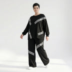 Schwarzer Oversize Zweiteiler mit weißem Streifenprint aus weichem FrenchTerry Loungewear