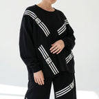Schwarzer Oversize Zweiteiler mit weißem Streifenprint aus weichem FrenchTerry Loungewear