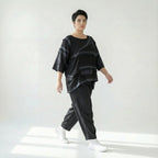 Schwarze Oversizebluse A-Formschnitt aus FrenchTerry mit abstraktem Streifenmuster 34Arm