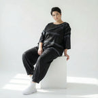 Schwarze Oversizebluse A-Formschnitt aus FrenchTerry mit abstraktem Streifenmuster 34Arm
