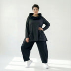 Oversize Tunika in dunkelgrau meliert mit A-Form Kragen Langarm und aufgesetzten Taschen