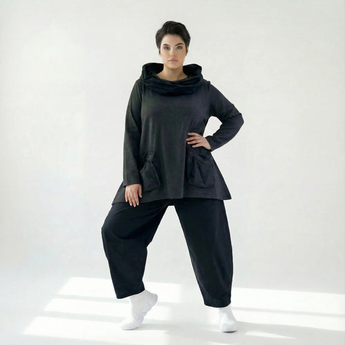 Oversize Tunika in dunkelgrau meliert mit A-Form Kragen Langarm und aufgesetzten Taschen
