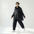 Oversize Tunika in dunkelgrau meliert mit A-Form Kragen Langarm und aufgesetzten Taschen