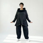 Oversize Tunika in dunkelgrau meliert mit A-Form Kragen Langarm und aufgesetzten Taschen
