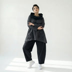 Oversize Tunika in dunkelgrau meliert mit A-Form Kragen Langarm und aufgesetzten Taschen