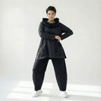 Oversize Tunika in dunkelgrau meliert mit A-Form Kragen Langarm und aufgesetzten Taschen