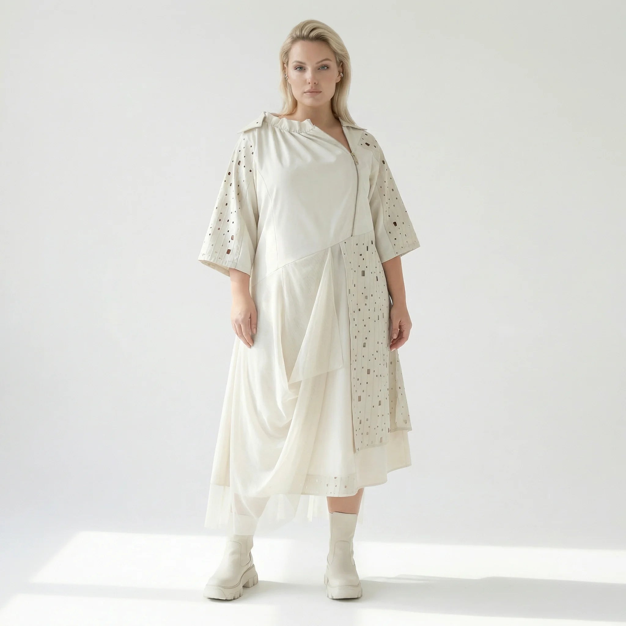 Oversize Kleid Damen A-Form Ecru mit Tüll Leinenoptik Übergangskleid H4 Fashion bei Modeare