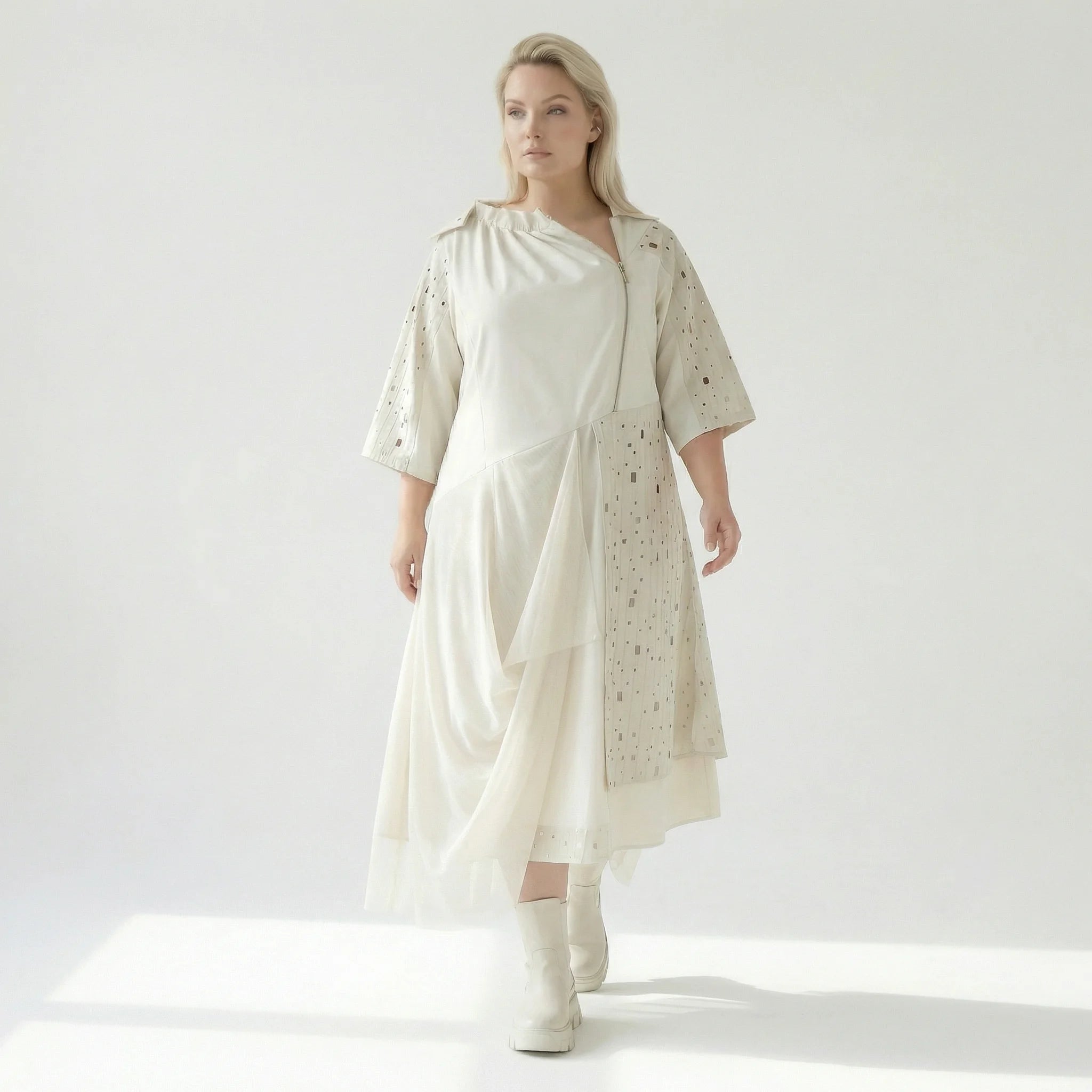 Oversize Kleid Damen A-Form Ecru mit Tüll Leinenoptik Übergangskleid H4 Fashion bei Modeare