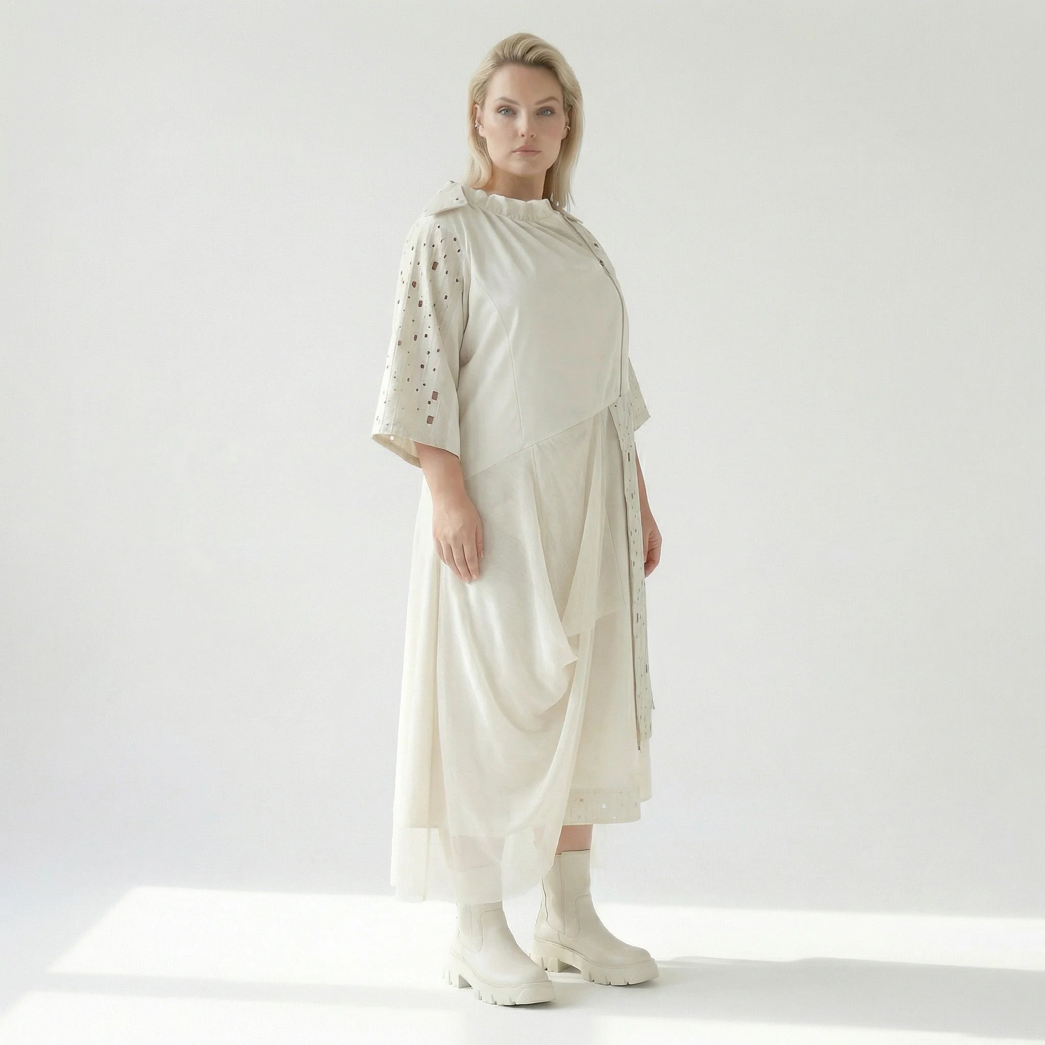 Oversize Kleid Damen A-Form Ecru mit Tüll Leinenoptik Übergangskleid H4 Fashion bei Modeare