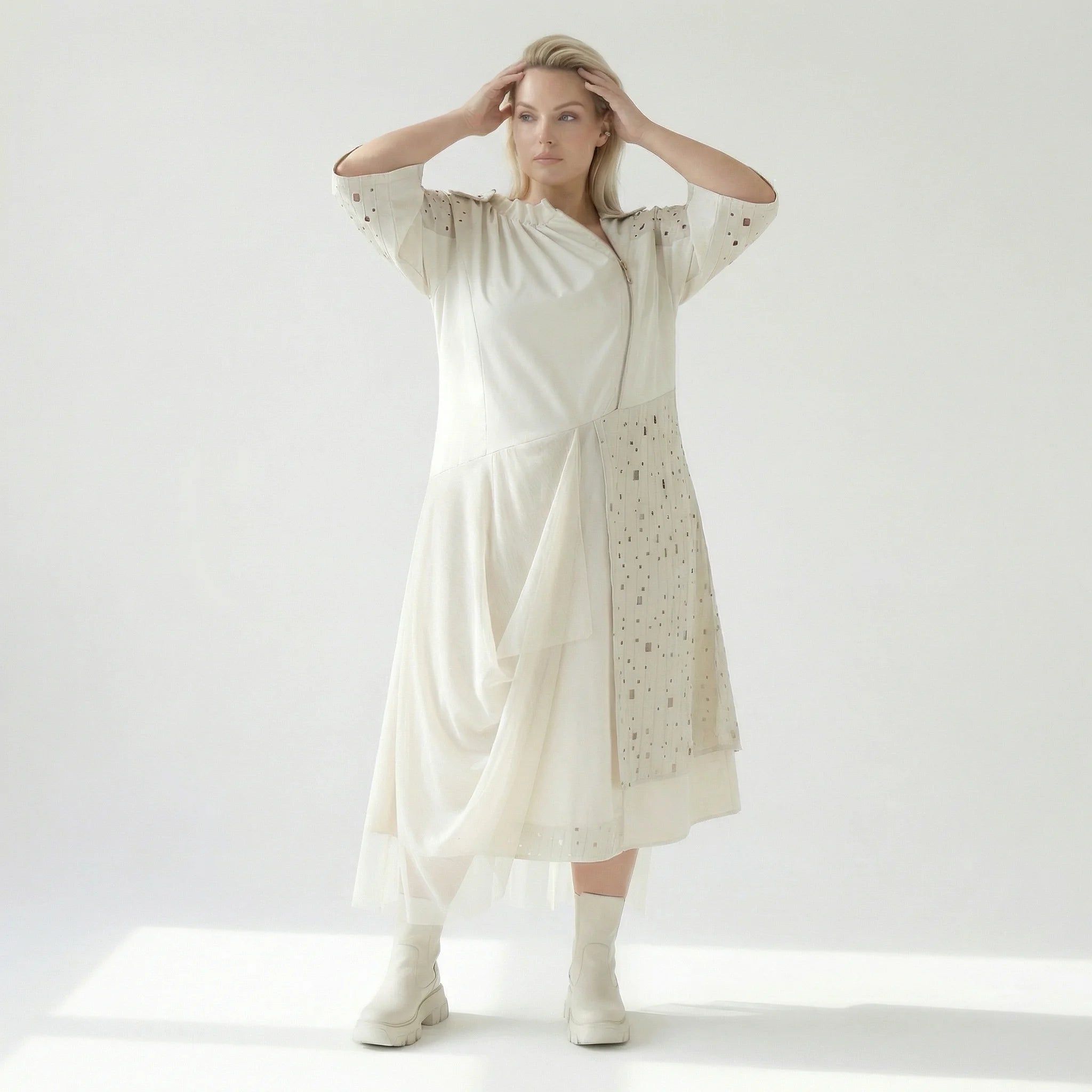 Oversize Kleid Damen A-Form Ecru mit Tüll Leinenoptik Übergangskleid H4 Fashion bei Modeare