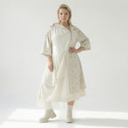 Oversize Kleid Damen A-Form Ecru mit Tüll Leinenoptik Übergangskleid H4 Fashion bei Modeare