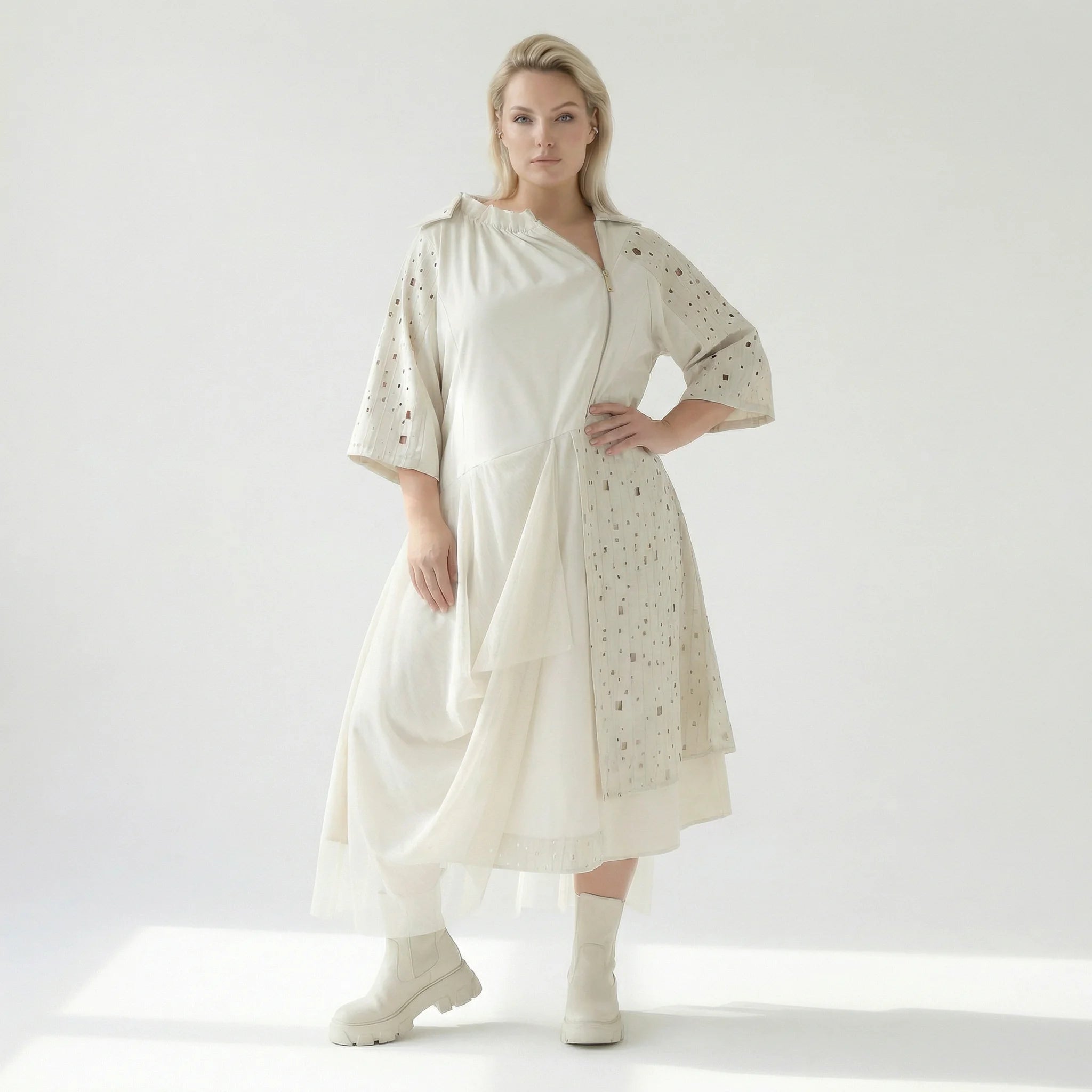 Oversize Kleid Damen A-Form Ecru mit Tüll Leinenoptik Übergangskleid H4 Fashion bei Modeare