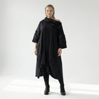 Avantgarde Oversize Kleid schwarz mit Satin Biesen Tüll Mix A Form fein luftig Stretch Übergang H4 Fashion bei Modeare