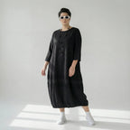Schwarzes Popelinekleid Oversize ballonförmig mit Rundhals Dreiviertelarm elegant luftig
