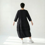 Schwarzes Popelinekleid Oversize ballonförmig mit Rundhals Dreiviertelarm elegant luftig