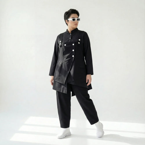 MODEARE - Avantgarde Set aus asymmetrischer Bluse, Weste mit Bindung und weiter Popeline-Hose
