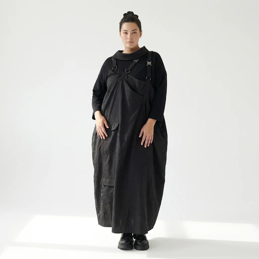 Schwarzes Zweiteiler Maxikleid im Lagenlook mit asymmetrischem Oberkleid und Taschen