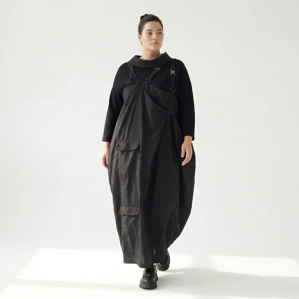 Schwarzes Zweiteiler Maxikleid im Lagenlook mit asymmetrischem Oberkleid und Taschen