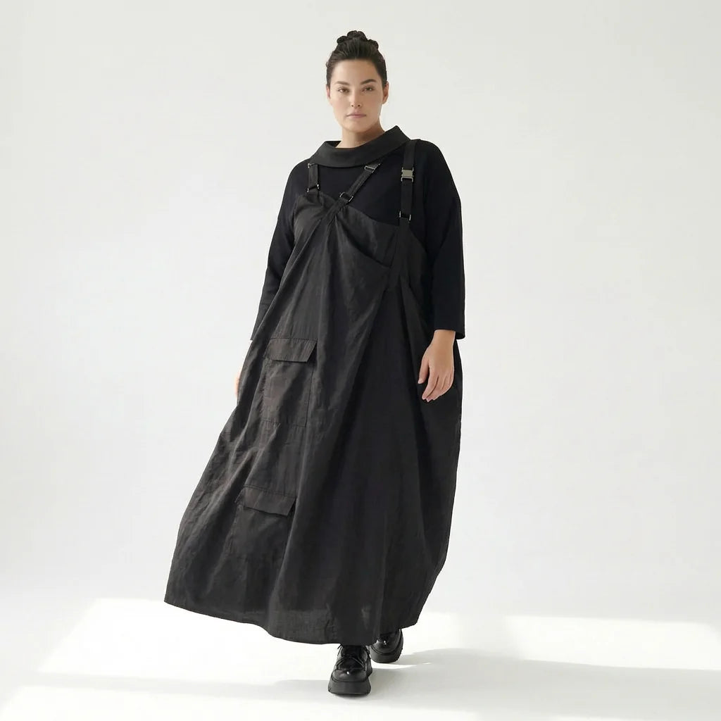 Schwarzes Zweiteiler Maxikleid im Lagenlook mit asymmetrischem Oberkleid und Taschen