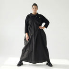 Schwarzes Zweiteiler Maxikleid im Lagenlook mit asymmetrischem Oberkleid und Taschen