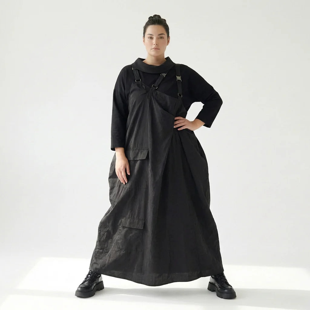 Schwarzes Zweiteiler Maxikleid im Lagenlook mit asymmetrischem Oberkleid und Taschen