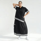 Schwarzes Popeline Set mit Oversize Shirt und Midirock mit weißen Streifen und Ösendetail