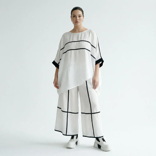 Damen Oversize Set Maxlive Weiß mit Shirt & Culotte Hose, Viskose-Mix, Kontraststreifen, EU 38 bis 60, Made in Türkei