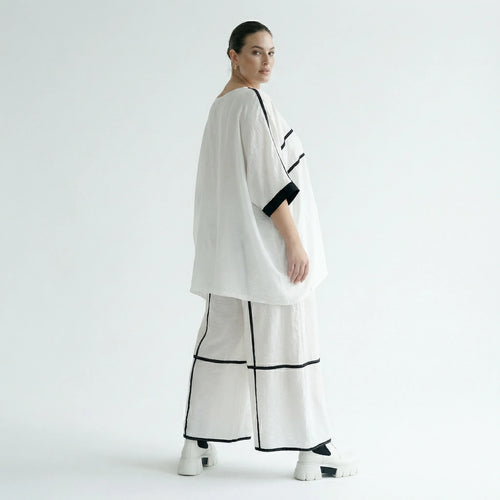 Damen Oversize Set Maxlive Weiß mit Shirt & Culotte Hose, Viskose-Mix, Kontraststreifen, EU 38 bis 60, Made in Türkei