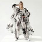 Weißes Dreiteilerset in softer Leinenoptik mit Pferdeprint Shirt Cardigan Palazzohose