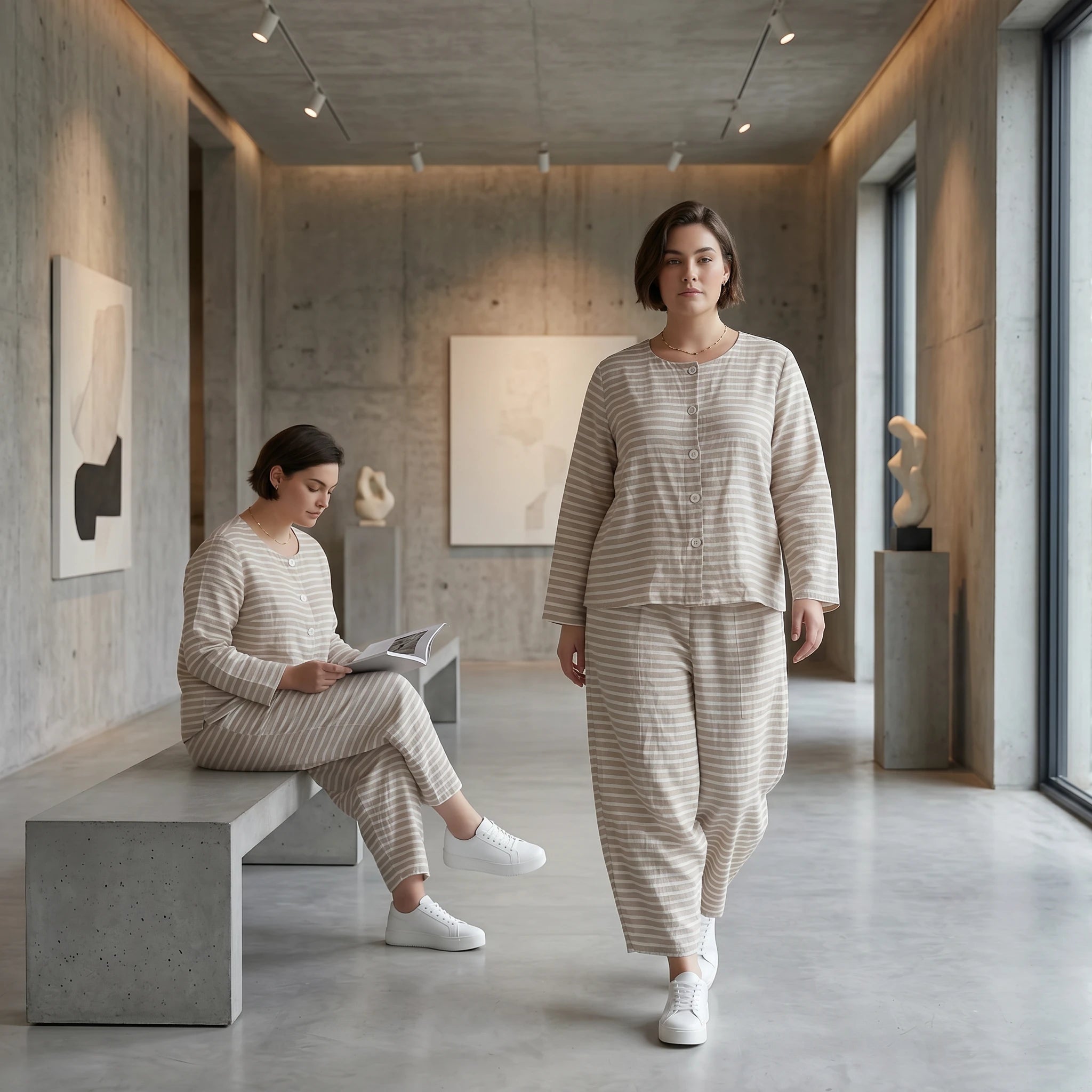 Gestreifte Sommerjacke in Leinen Optik mit luftigem Oversize Schnitt von AKH Fashion exklusiv bei Modeare für Damenmode