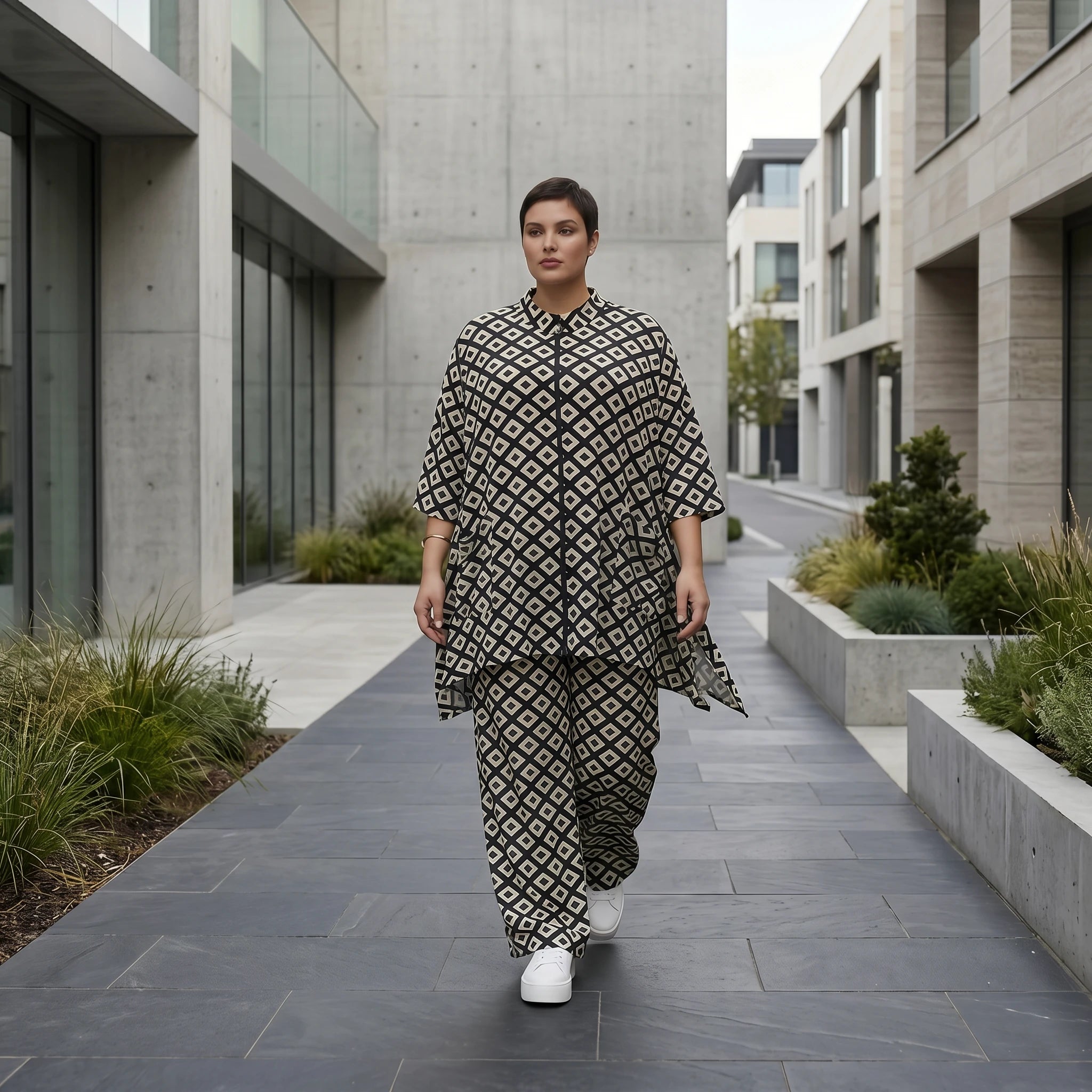 Damen Jacke Avantgarde Polyester Schwarz-Weiß, A-Form, Rauten, 3/4-Arm, Stehkragen, Oversize große Größen – AKH Fashion